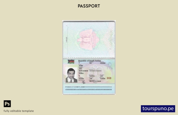 Plantilla de pasaporte de Sudán del Sur lista para imprimir